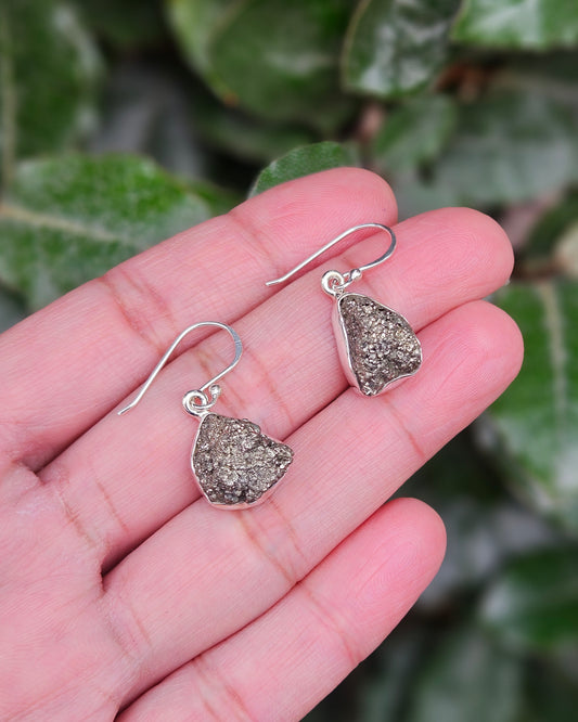 Raw Freeform Pyrite Earrings Chin