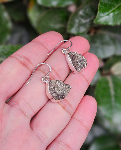 Raw Freeform Pyrite Earrings Chin