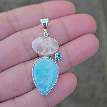 Larimar Blauw Topaas en Roze Natroliet Hanger Anagi